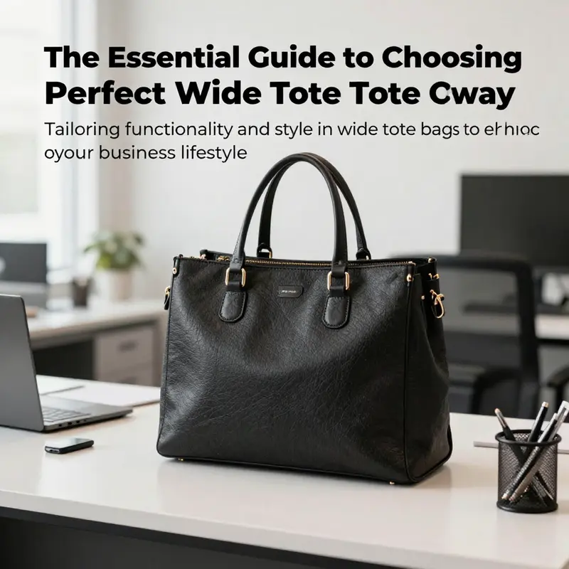 A beautifully designed wide tote bag positioned on an elegant office desk, symbolizing the intersection of style and functionality for business owners.