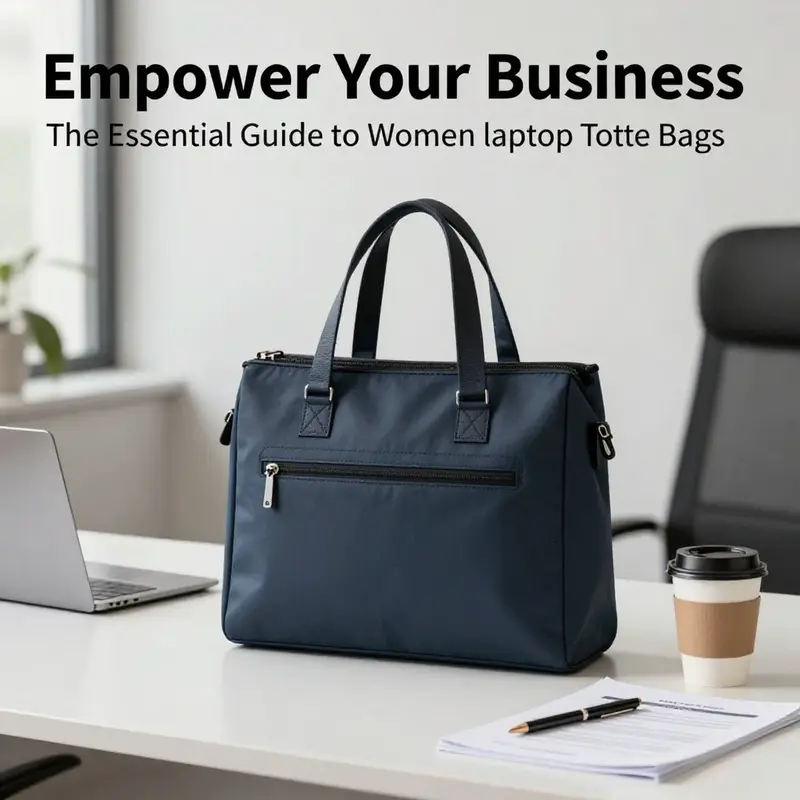 Sleek women’s laptop tote bag on an office desk, showcasing its compatibility with a professional setting.