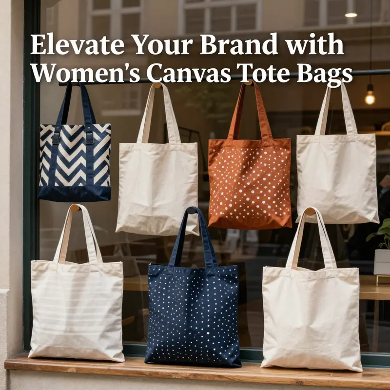 A vibrant display of women's canvas tote bags in various designs and colors set in an urban backdrop.