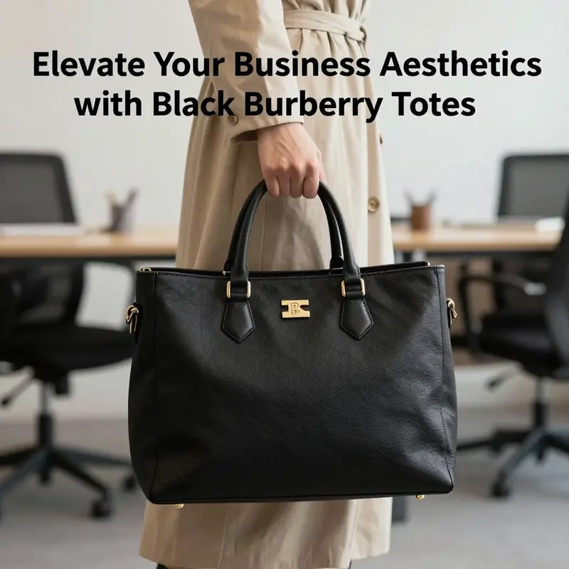 An elegant black Burberry tote bag placed in a stylish office setting, representing luxury and professionalism.