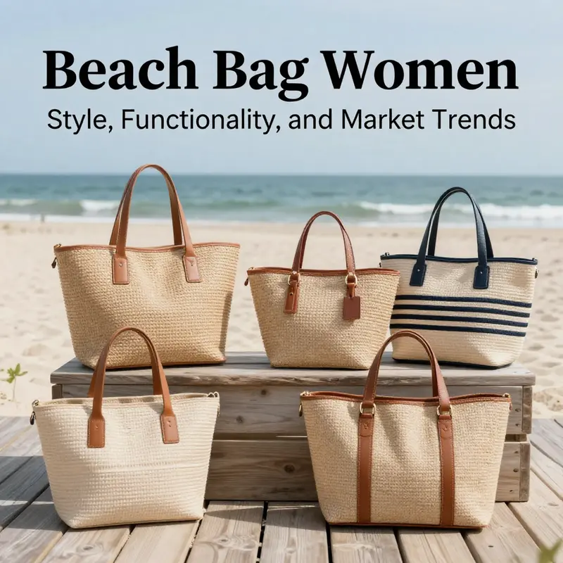 A scenic beach view with numerous beach bags showcased, representing summer vibes and fashion.
