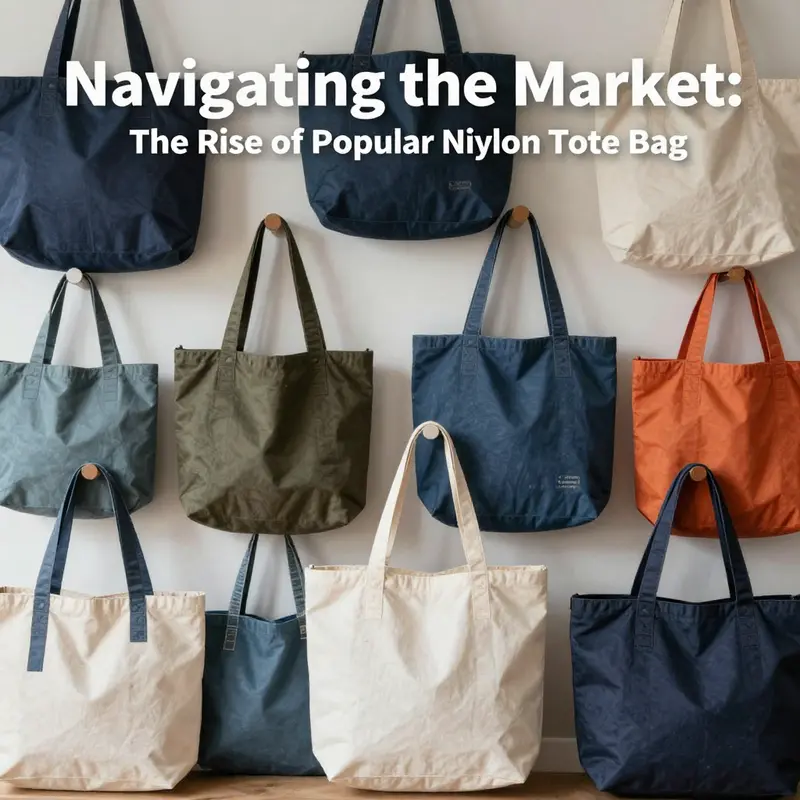 A visually appealing collection of nylon tote bags in various styles, colors, and designs, embodying current market trends.
