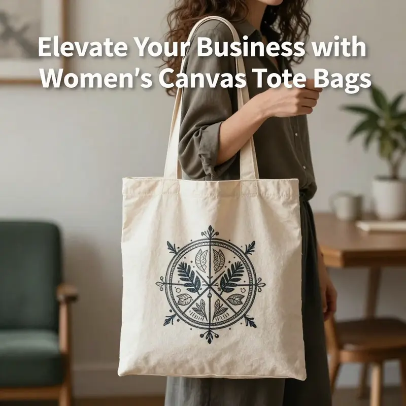 A woman elegantly holding a stylish canvas tote bag in a sophisticated setting.