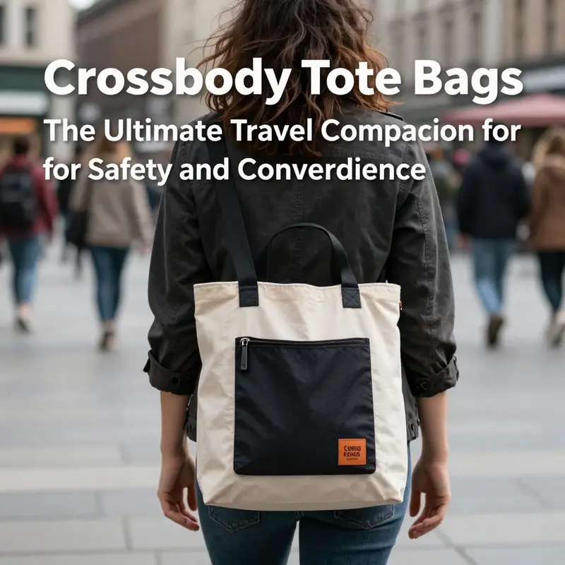 A crossbody tote bag worn by a traveler, showcasing its secure and visible design.