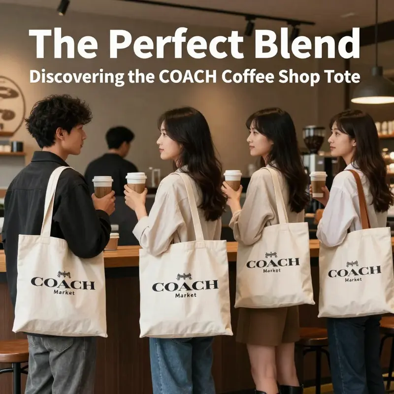 The COACH Market Tote elegantly complements the coffee shop atmosphere, highlighting its stylish yet utilitarian design.