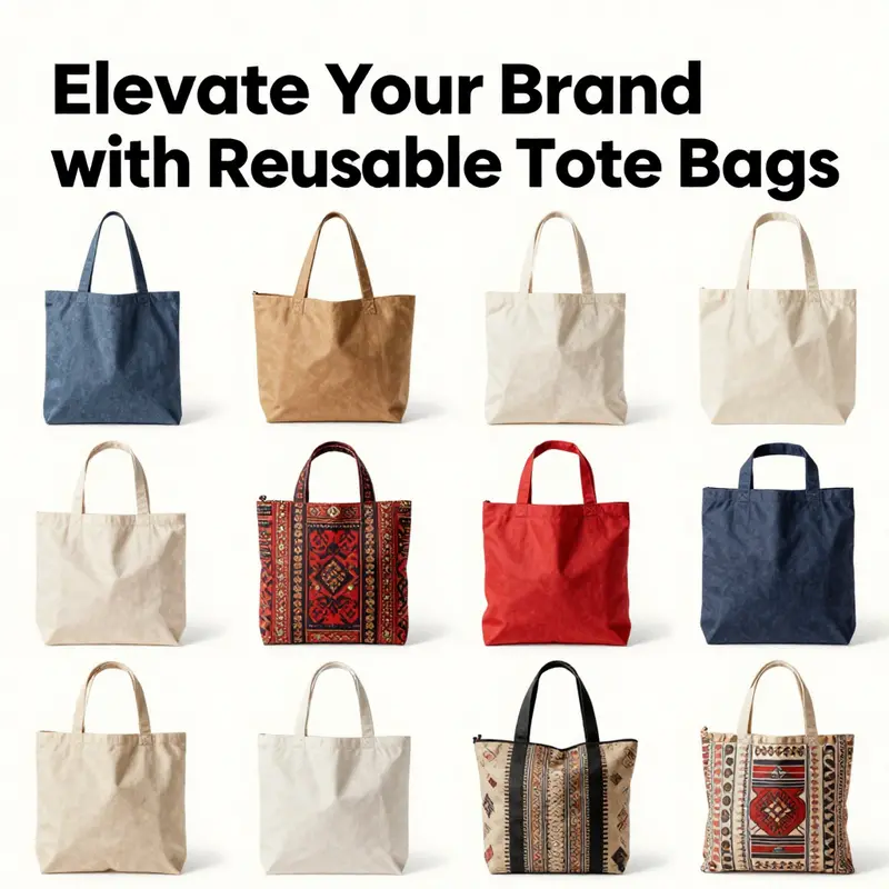 A variety of reusable tote bags showcasing the diversity of materials available.