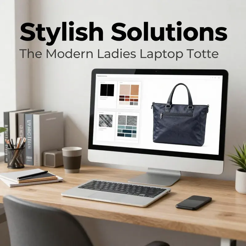 A businesswoman highlighting the multifunctional aspects of a stylish laptop tote bag.