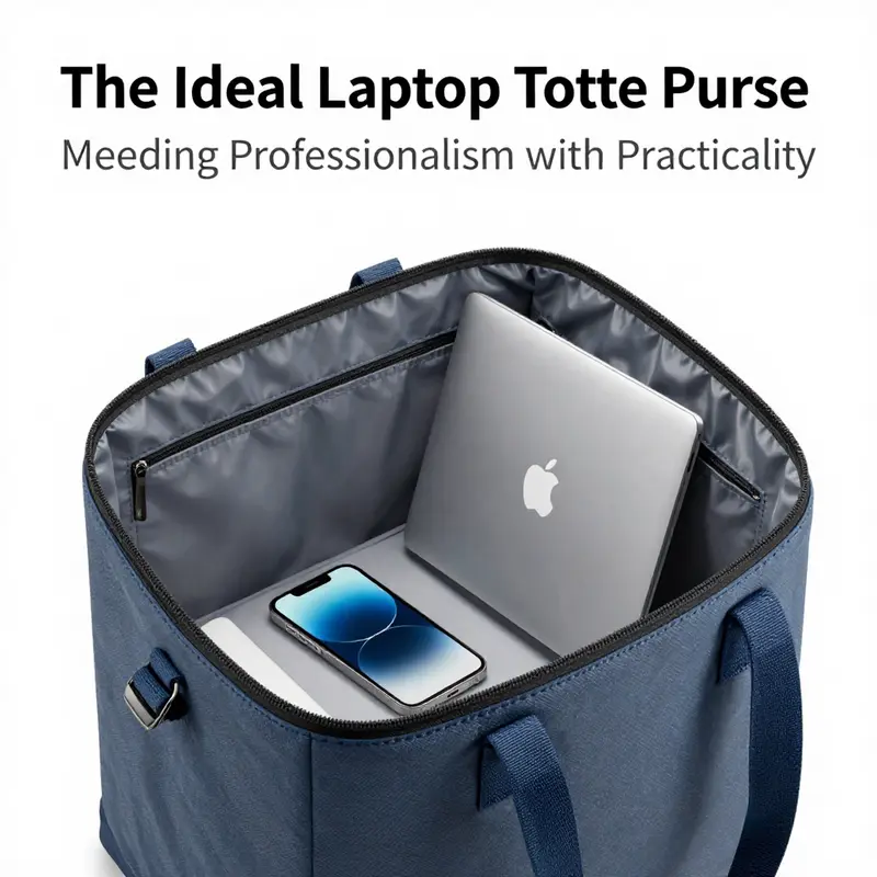 A stylish laptop tote purse complements professional attire and reflects versatility.