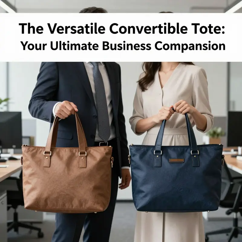 Models exhibiting the diverse design features and functionalities of a convertible tote bag in a modern office environment.