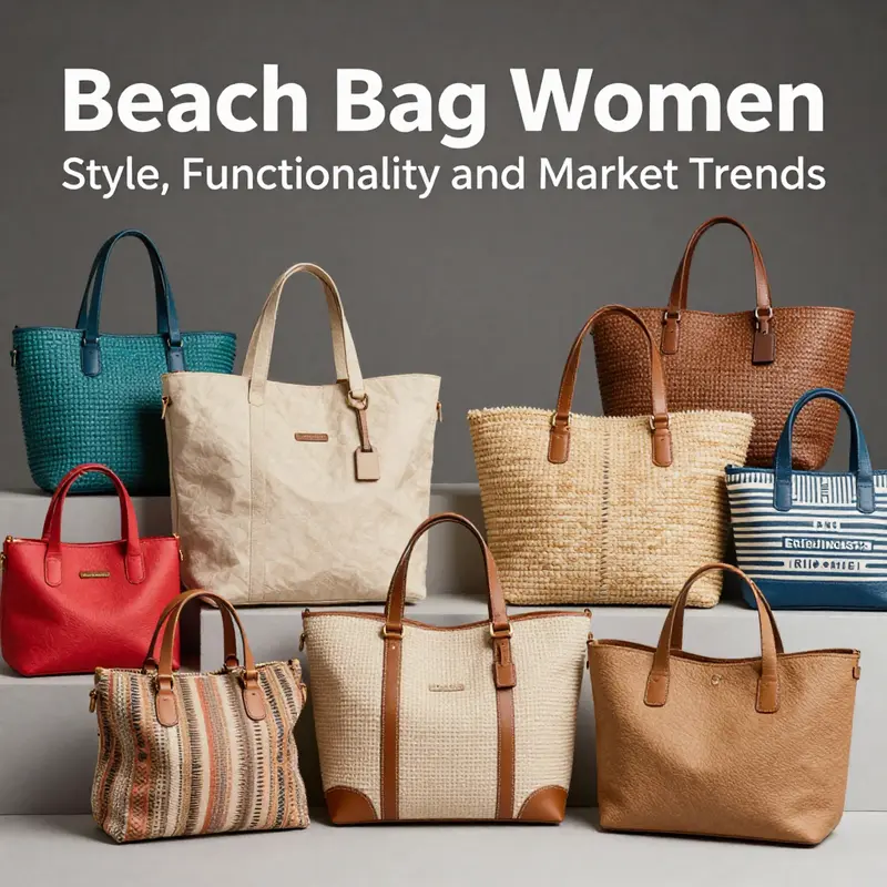 A vibrant collection of women’s beach bags featuring various materials and design styles.