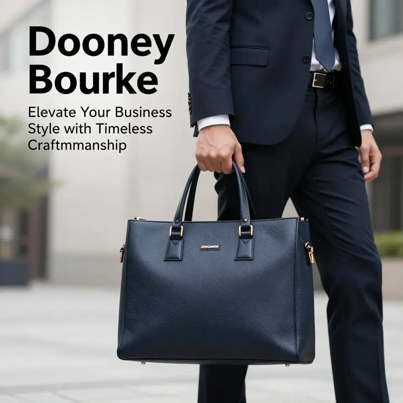 A businessman or businesswoman with a Dooney & Bourke tote bag in an urban setting, highlighting work and fashion.