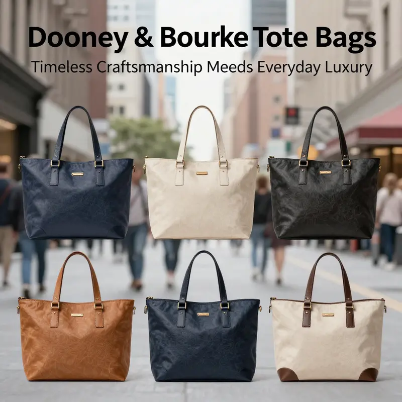 A vibrant collage of Dooney & Bourke tote bags highlighting their colors and styles against an urban backdrop.
