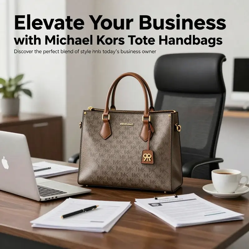 A Michael Kors tote handbag in a stylish office environment illustrating professional elegance.