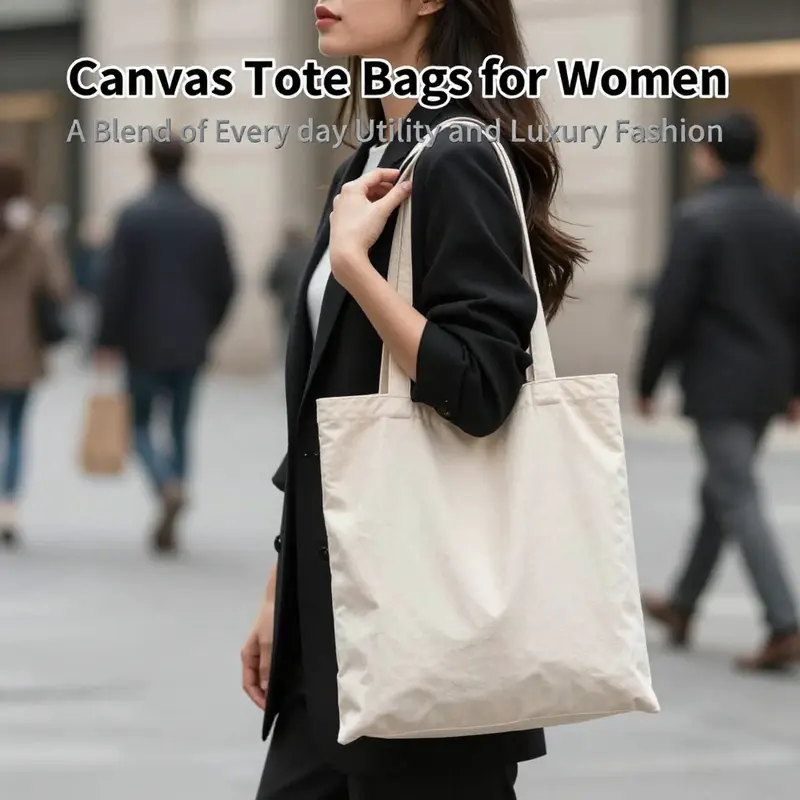 A woman effortlessly combines style and utility with a canvas tote bag during her daily commute.