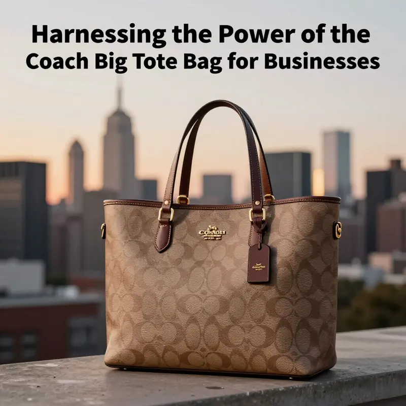 Stylish depiction of the Coach Gramercy Tote Bag against a city skyline at sunset.