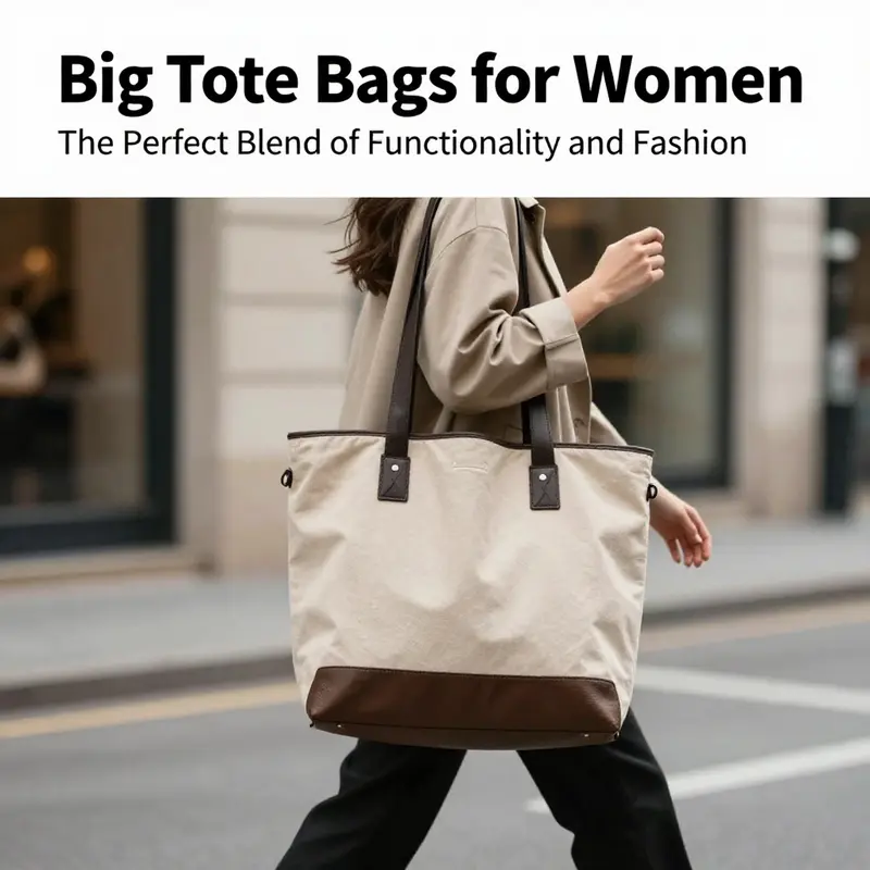 A fashionable woman walking in the city, displaying a trendy big tote bag as part of her outfit.