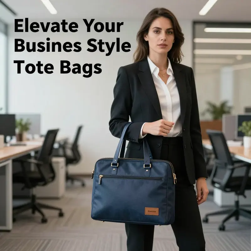 A confident businesswoman displaying a well-designed laptop tote bag in a contemporary office setting.