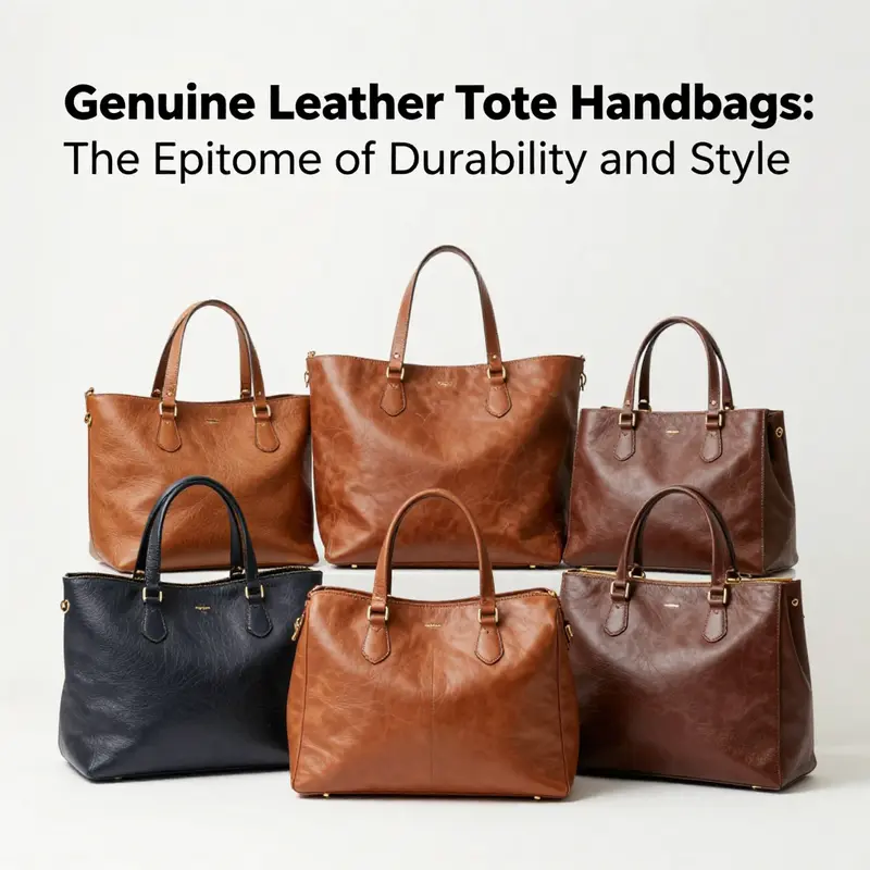 A collection of various genuine leather tote handbags highlighting their unique designs and textures.