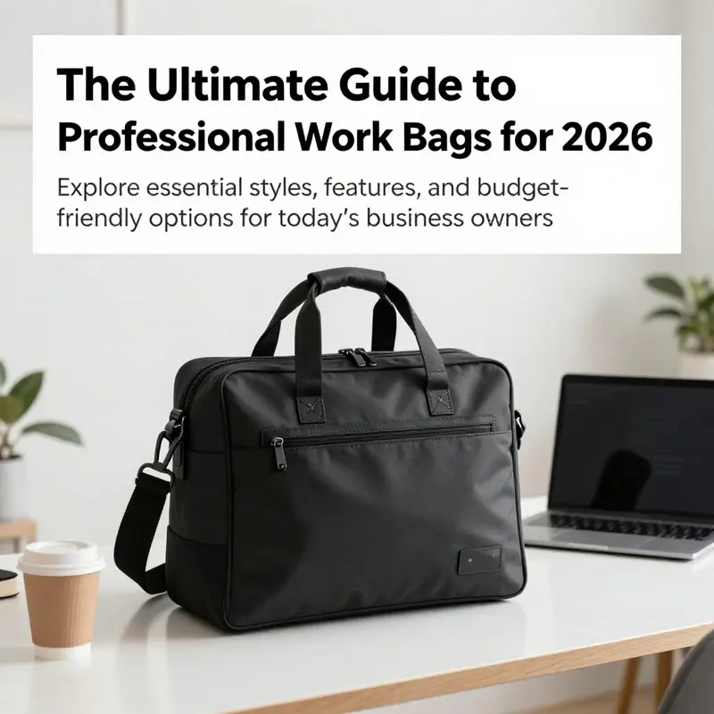 A well-organized workspace showcasing a stylish work bag next to a laptop and coffee, reflecting professionalism.