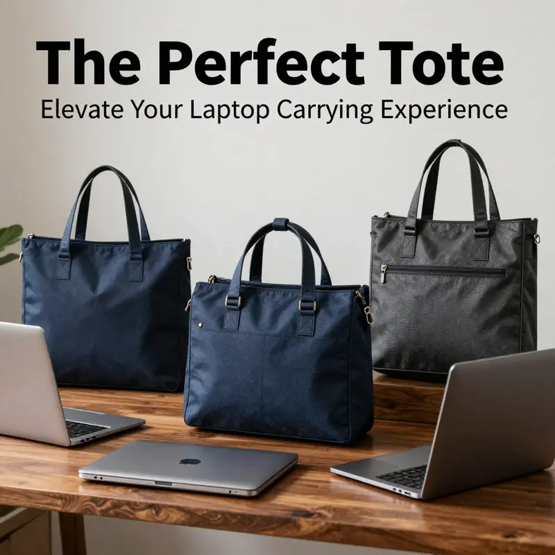 An assortment of stylish laptop tote bags displayed on a polished desk, demonstrating their variety in design and functionality.