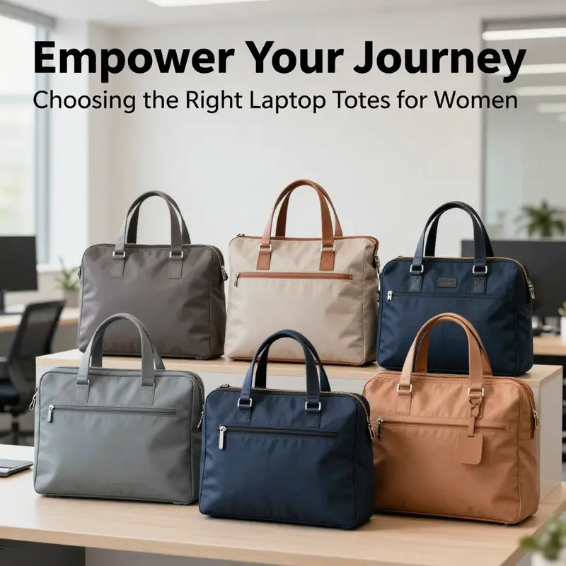 Assortment of laptop totes showcasing various styles and materials in a modern office.