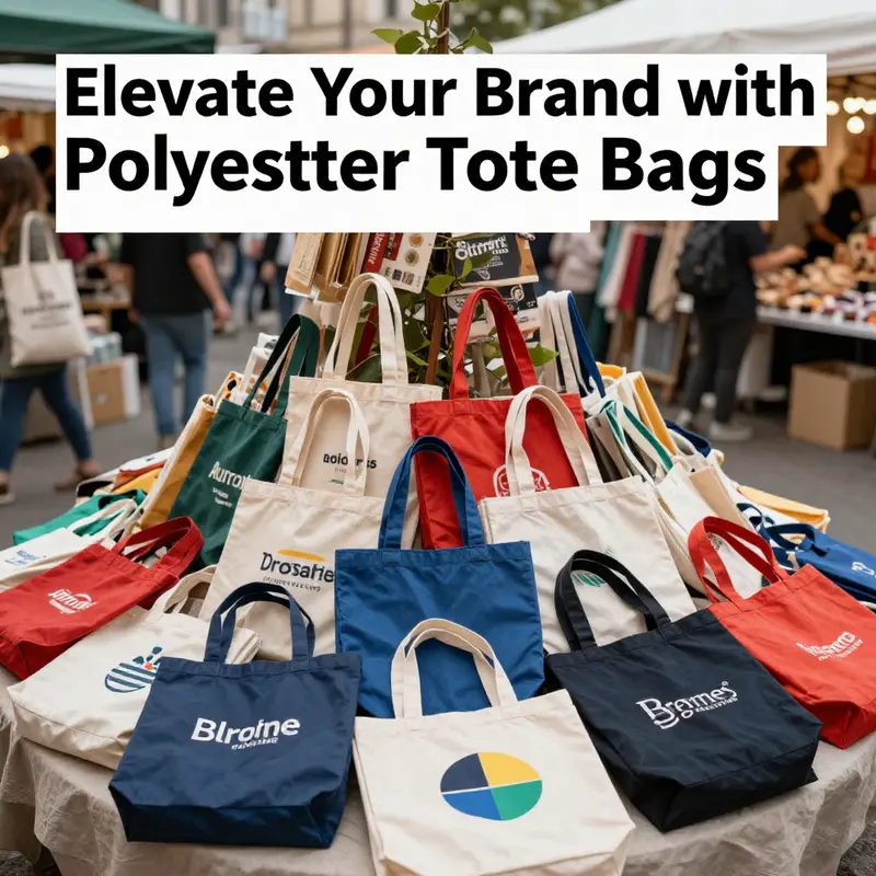 A diverse collection of polyester tote bags showcased in dynamic retail environments.