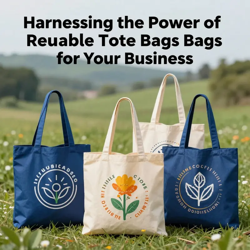 Bright and stylish reusable tote bags displayed against a green landscape.