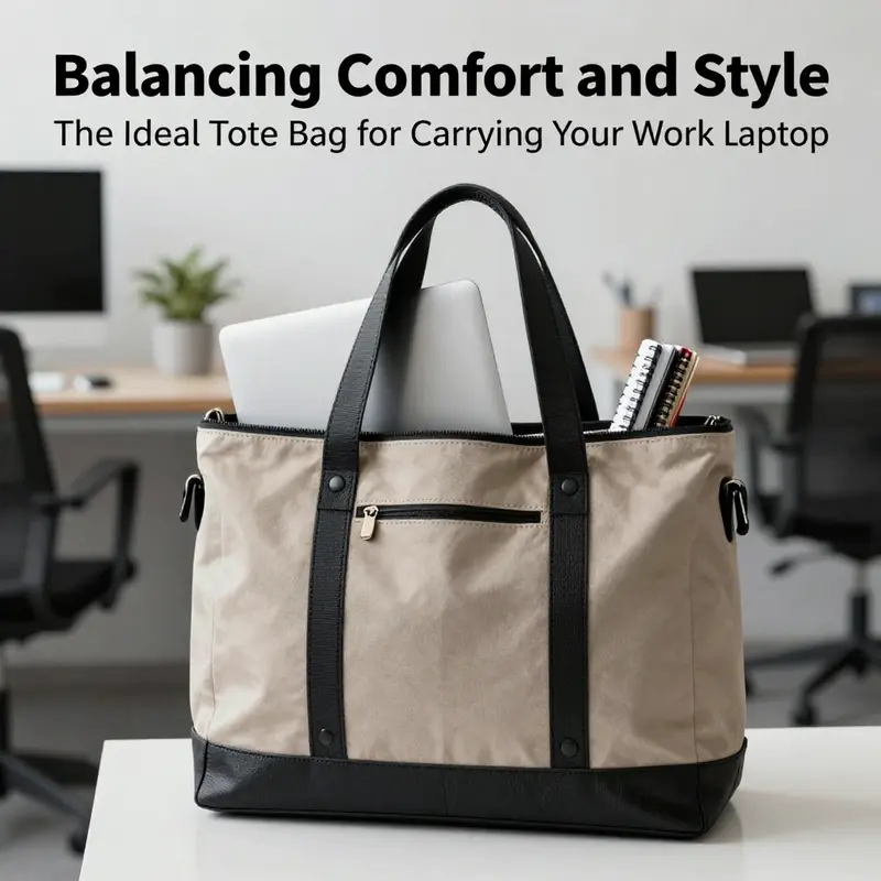 A stylish tote bag filled with a laptop and office supplies, set in a modern office space, representing an ideal choice for work.