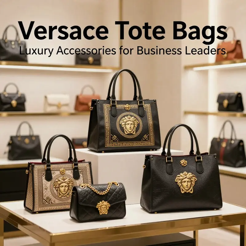 Showcase of Versace tote bags in a boutique setting.