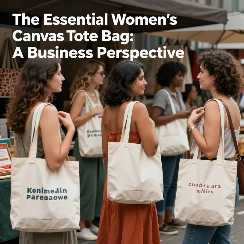 Diverse women enthusiastically displaying their women's canvas tote bags in a vibrant market setting.