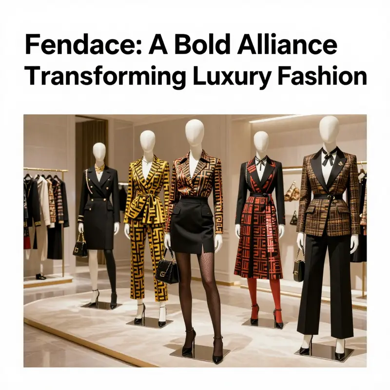 A showroom display featuring the Fendace collection, showcasing various pieces with intricate designs from both Fendi and Versace.