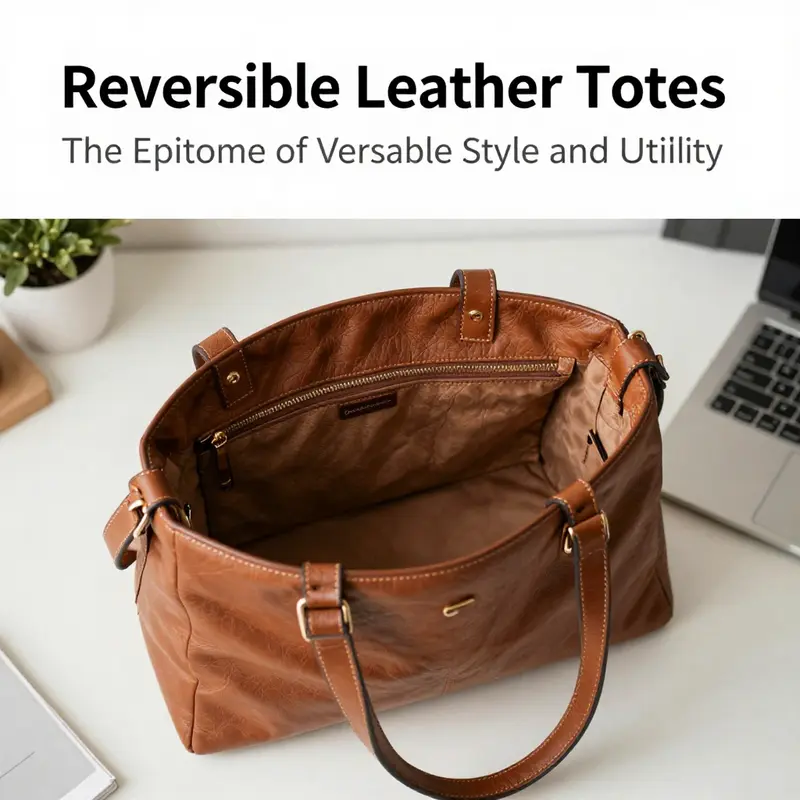 A reversible leather tote showcasing its dual designs with various stylish accessories.