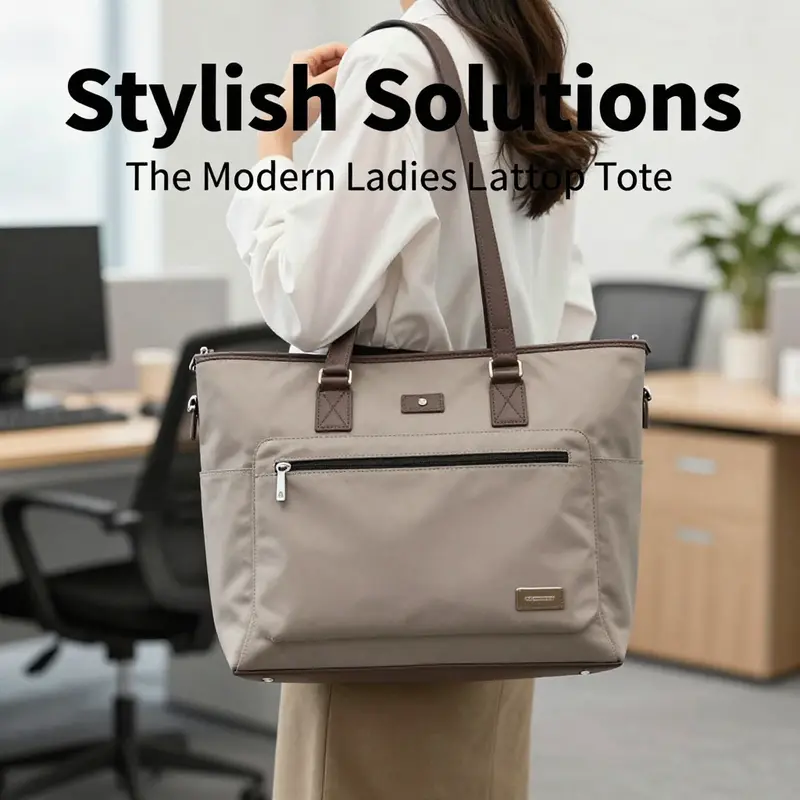 A businesswoman highlighting the multifunctional aspects of a stylish laptop tote bag.