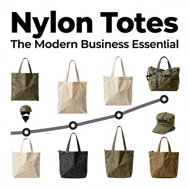 A visual timeline depicting the evolution of nylon tote bags from the 1930s to modern times.