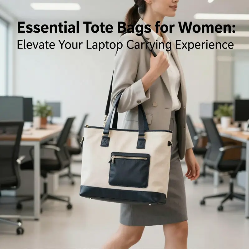 A professional woman showcasing the importance of tote bags with laptop compartments in a business setting.