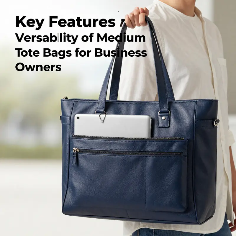 Key features of a medium tote bag highlighting its organization and durability.
