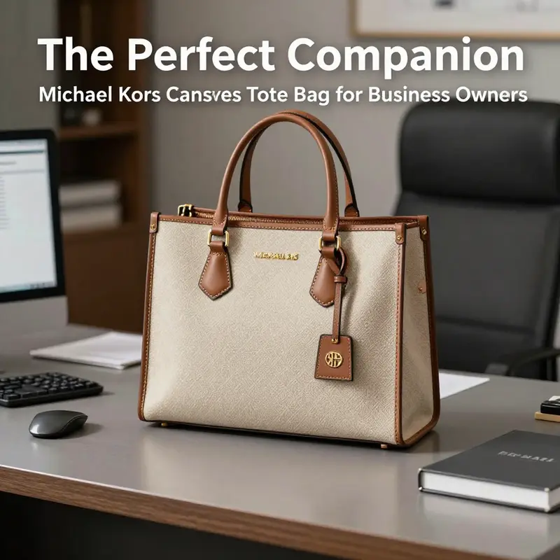 Michael Kors canvas tote bag positioned on a polished office desk among business items, illustrating sophistication and functionality.