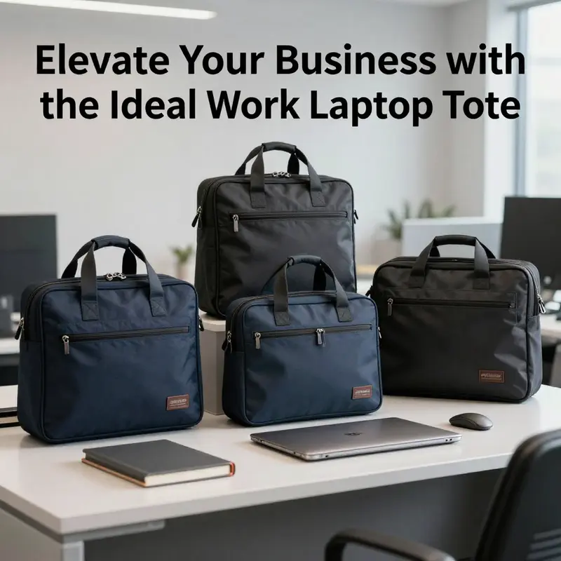 An array of stylish work laptop totes arranged on a modern office desk.