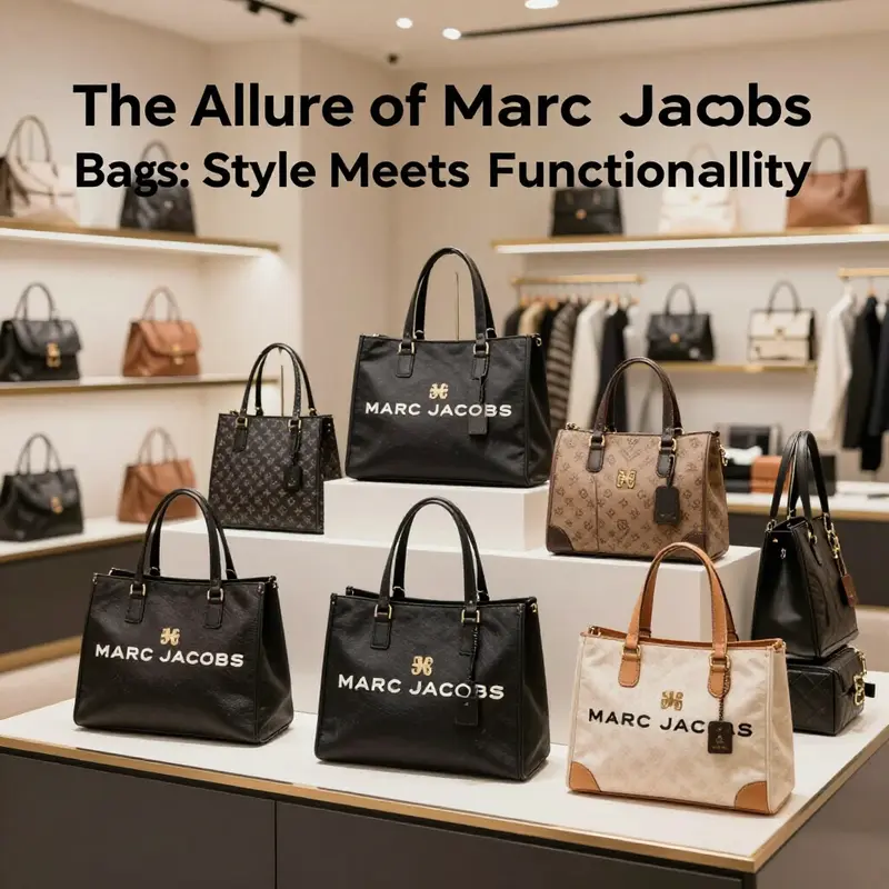 An appealing arrangement of various Marc Jacobs tote bags in a high-end retail setting.