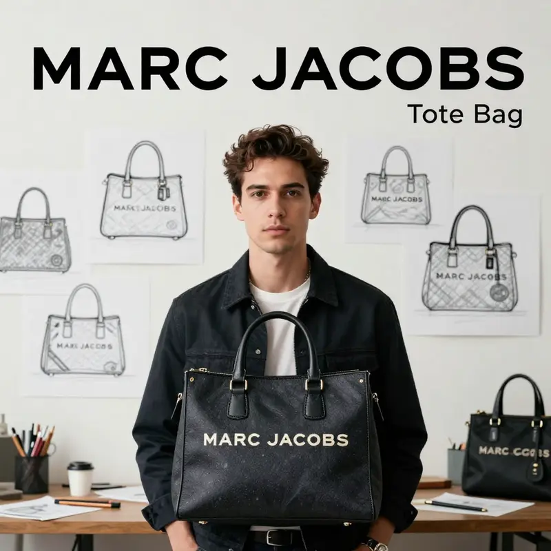 Detailed features of the MARC JACOBS tote bag highlighting its functional design.
