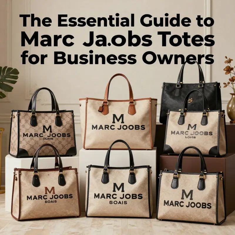 An elegant arrangement of various Marc Jacobs tote bags against a sophisticated backdrop, symbolizing luxury.