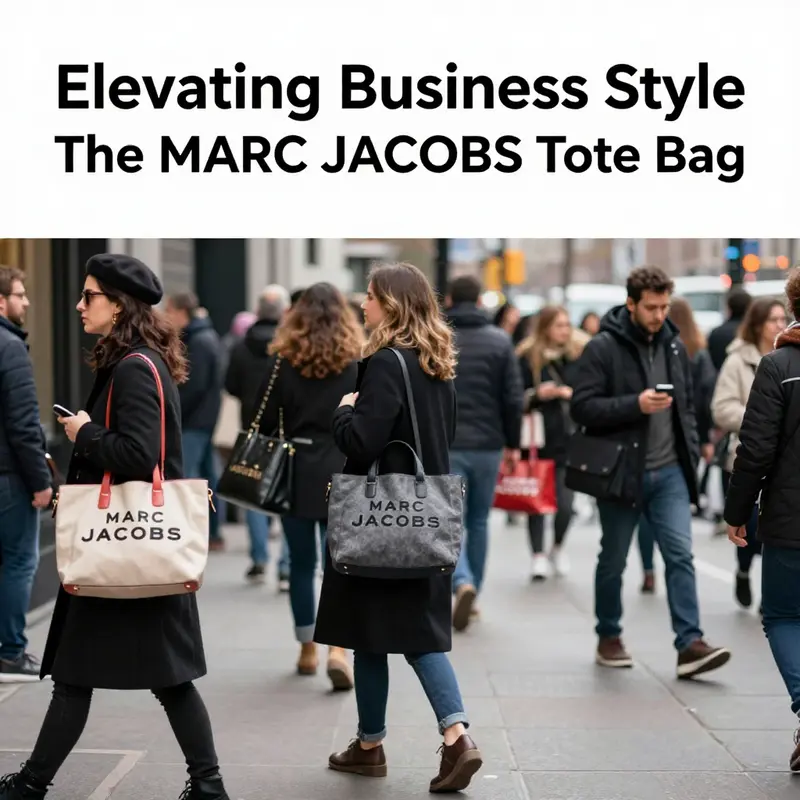Detailed features of the MARC JACOBS tote bag highlighting its functional design.