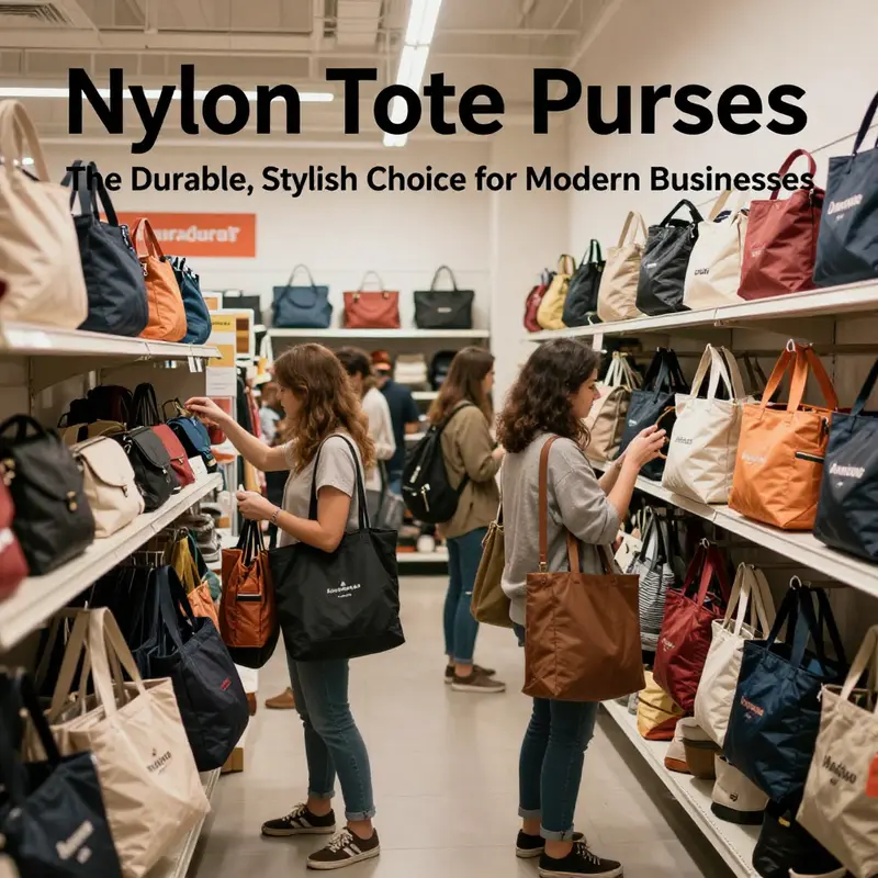 Nylon tote purses exhibiting high-quality materials and reinforced designs.