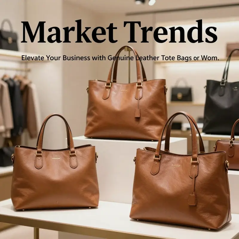 An assortment of trendy genuine leather tote bags showcasing diverse styles and functionalities.