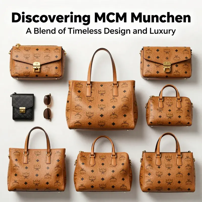 Flat lay image of MCM Munchen handbags with fashion accessories showcasing luxury and elegance.