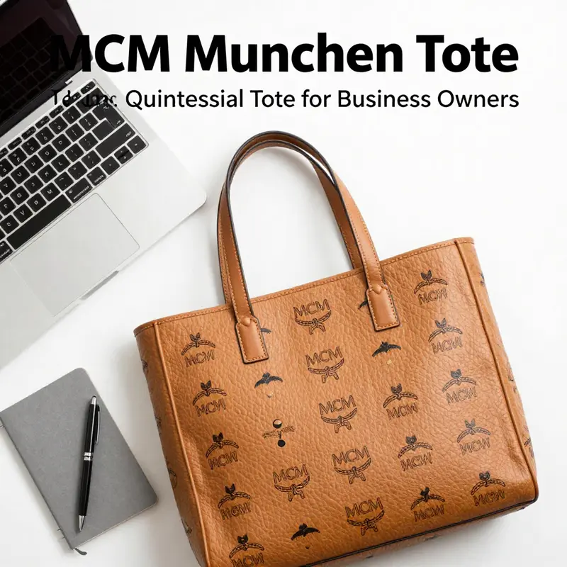 Flat lay of MCM Munchen Tote with business essentials, demonstrating its functionality and appeal.