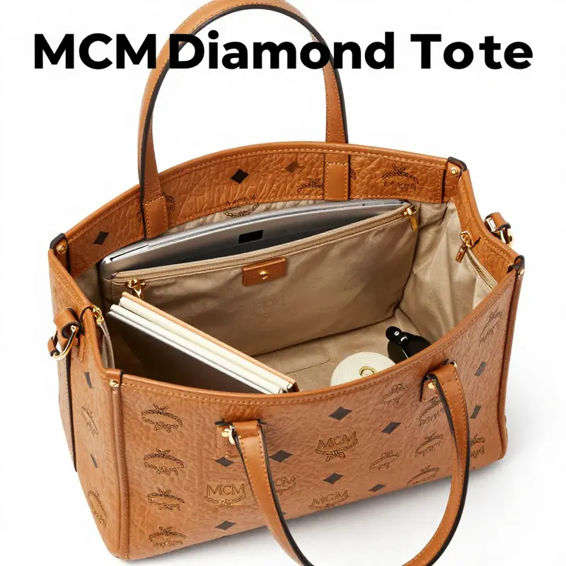 The classic design and premium materials of the MCM Diamond Tote highlight its luxurious appeal.