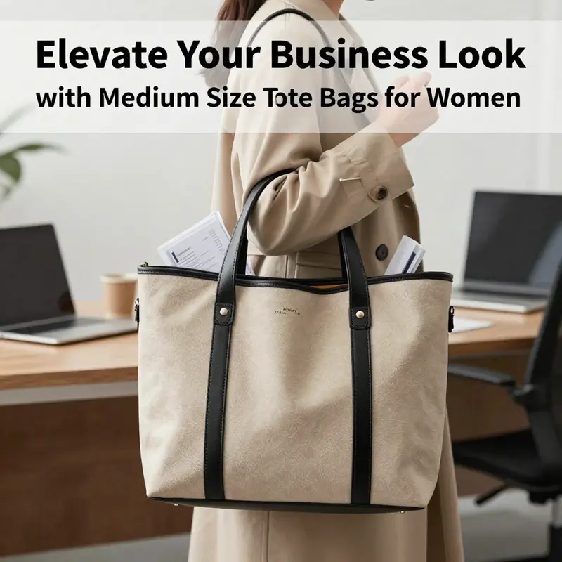 A versatile medium-size tote bag in an office setting, blending style with practicality.