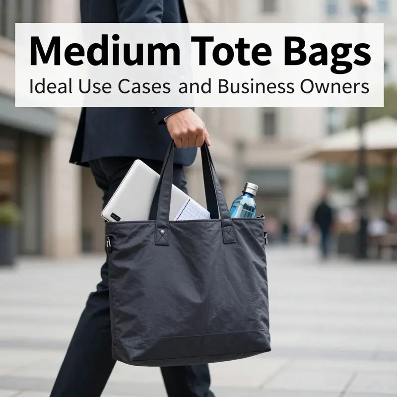 Key features of a medium tote bag highlighting its organization and durability.