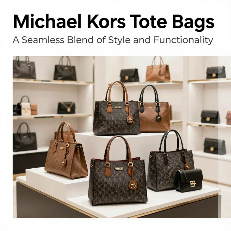 Michael Kors tote bags arranged attractively in a luxurious retail setting.
